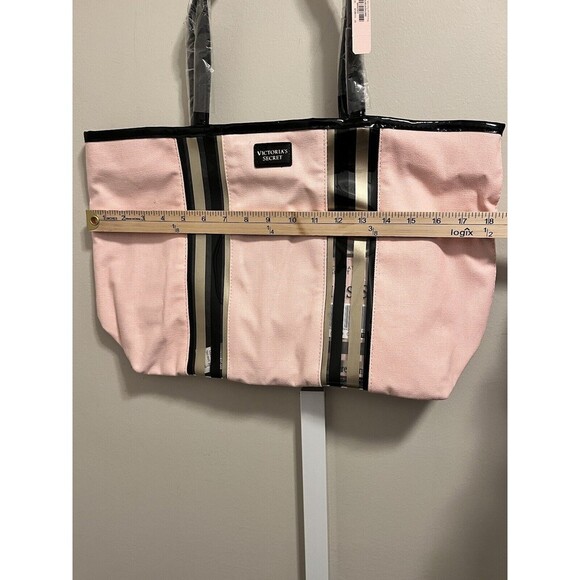 VICTORIA SECRET TOTE BAG SIGNATURE STRIPES PINK/BLACK With Wristlet NEW - Picture 7 of 11